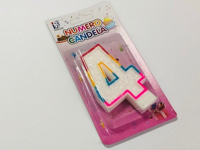 Свеча для торта цифра "4" с цветным блестящим кантом, арт.SZ-123, 22-509