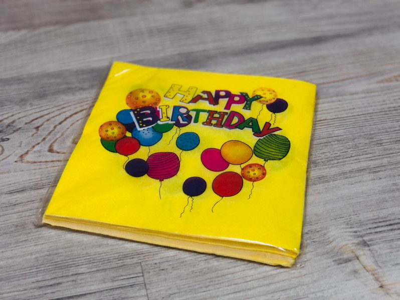Салфетка, 3 слоя " Heppy Birthdey " жёлтая с шариками /33х33см../, (20шт.), 23-6