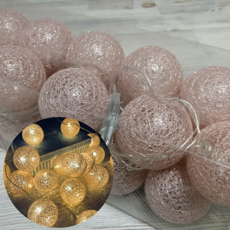 Гирлянда-декор. "Шар" розовый хлопковый, золотая нить /6см., 20 ламп, 4.5м., V220/, 25-195
