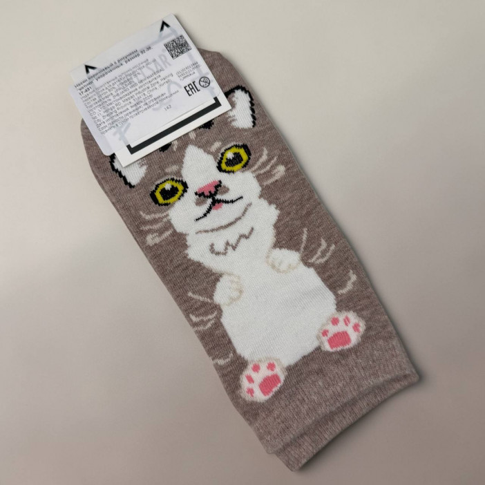 Носки коричневый с рисунком "котики" укороченные, размер 32-36, 17-431
