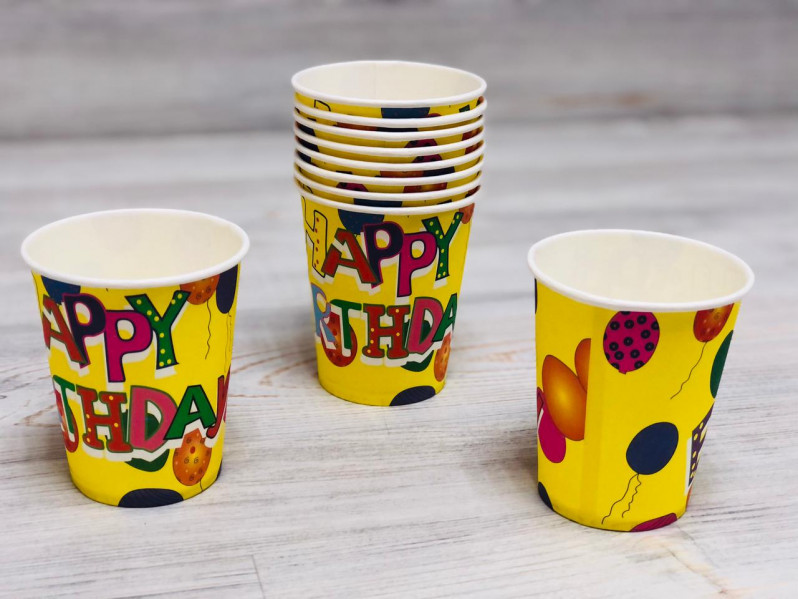 Стакан " Heppy Birthdey " жёлтый в горох (10шт.), 23-4