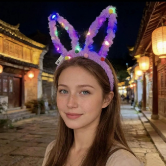 Светящийся меховой ободок «Ушки зайца» розовые (14 LED ламп, 3 режима), карнавальный аксессуар, 22-208
