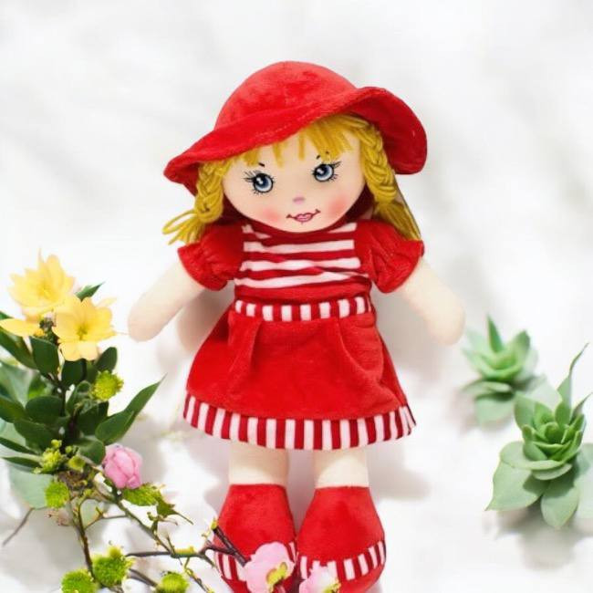 Мягкая игрушка "Кукла" 35см., в розовом  платье с полосками,  арт.34-241