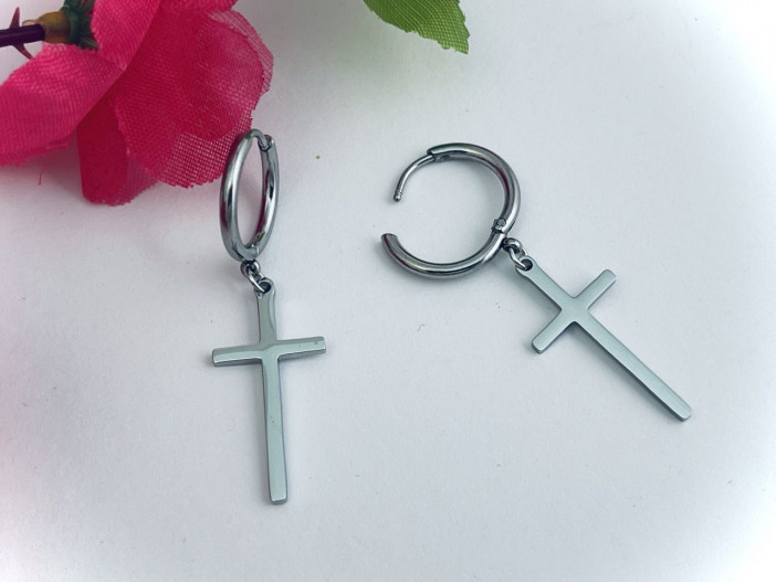 Серги металл, цвет серебро "Крест" (пара) /4,6х1,3см./, 31-482